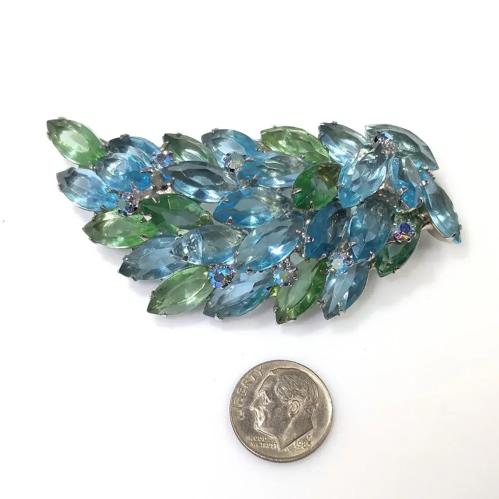 Vintage Juliana Style Blue Green Rhinestone Spray Brooch AB Open Back